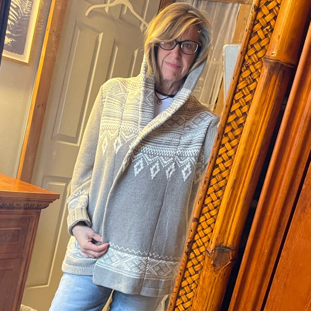 NYDJ cozy open cardigan with hood, grey & white Nordic print - Picture 1 of 8